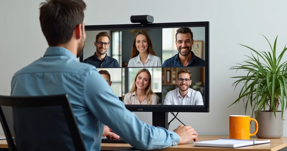 Pessoa trabalhando em equipe remota com rostos em telas 