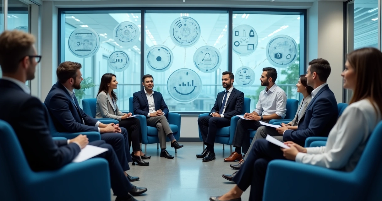Equipes de trabalho em roda discutindo, gestos de escuta ativa 