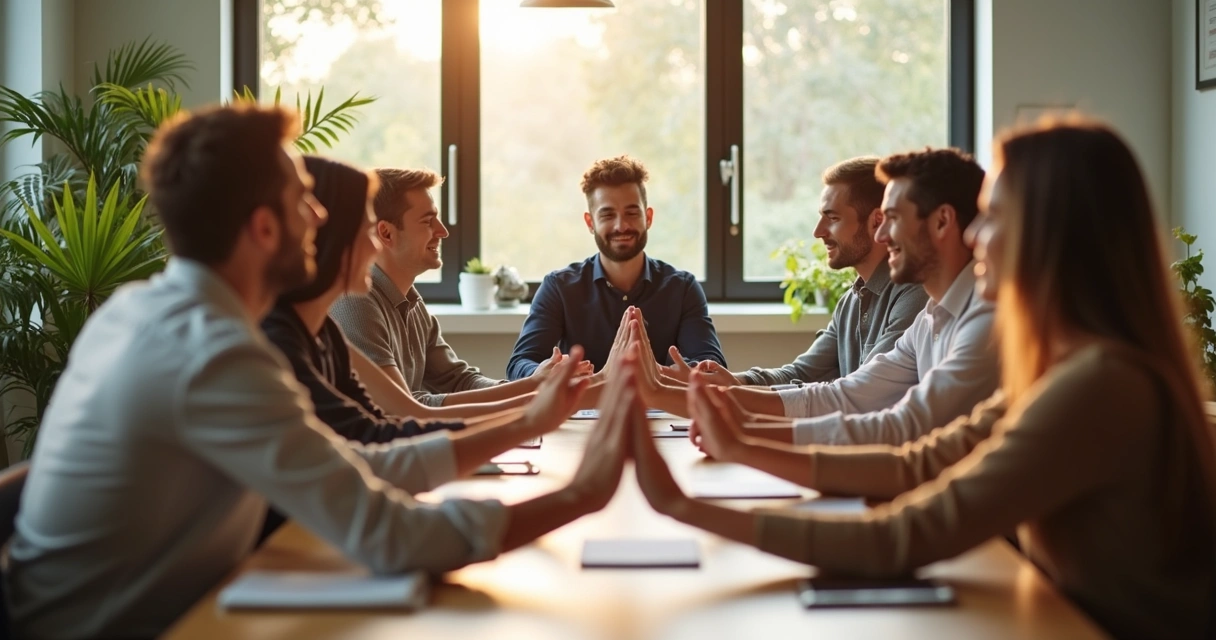 Equipe reunida em reunião com atmosfera calma 