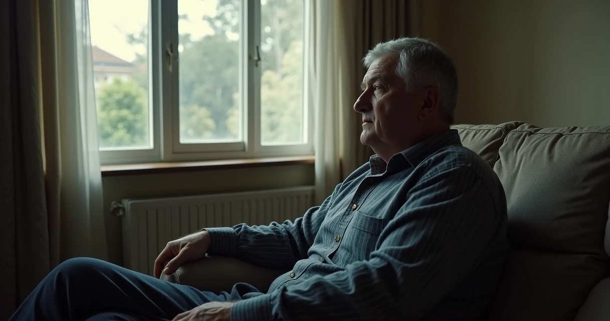 Homem sentado em casa, olhando pela janela, com expressão pensativa, carteira de trabalho ao lado 