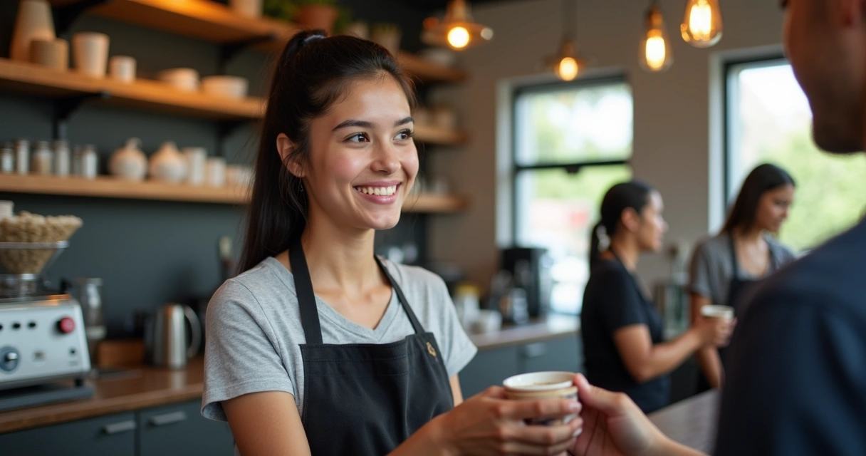 Estudante brasileiro trabalhando em cafeteria na Nova Zelândia, usando avental, sorrindo para cliente 