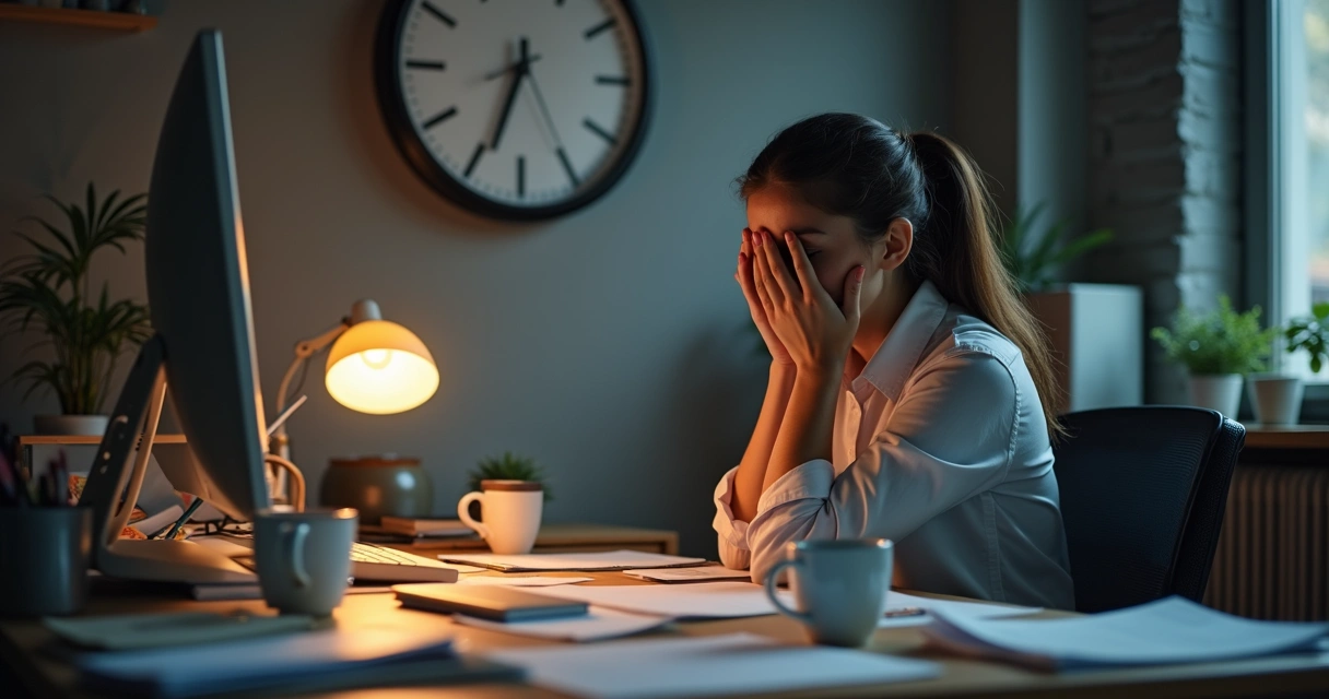 Mulher exausta sentada no escritório com pilhas de papéis 