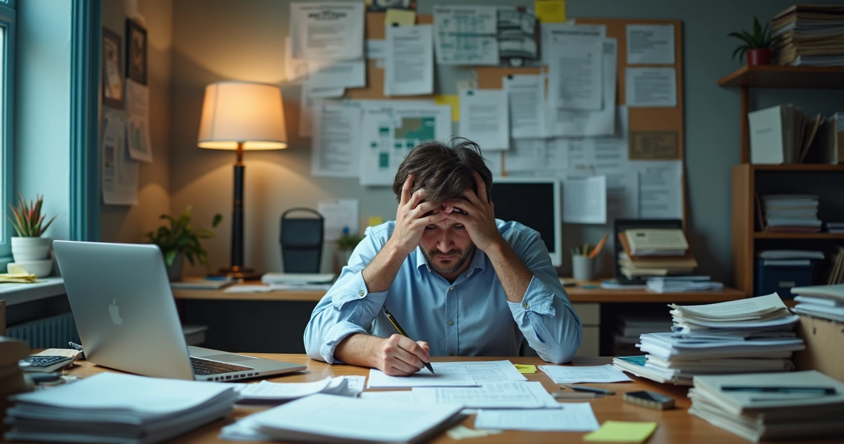 Pessoa trabalhando rodeada por papéis, planilhas e dispositivos digitais