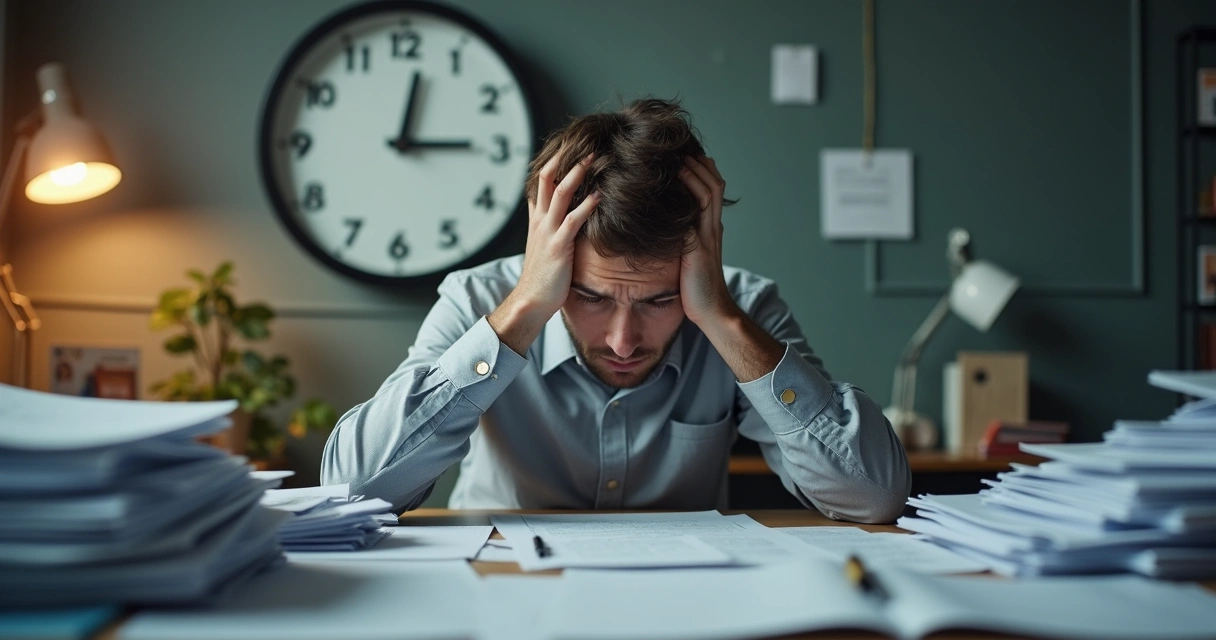 Pessoa cansada diante de mesa cheia de papéis e relógio atrás mostrando tempo passando