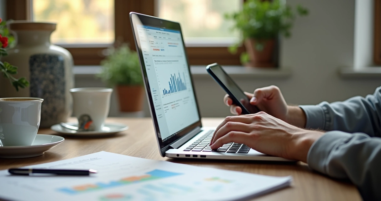 Pessoa digitando em notebook com celular ao lado, planilhas e xícara de café na mesa 