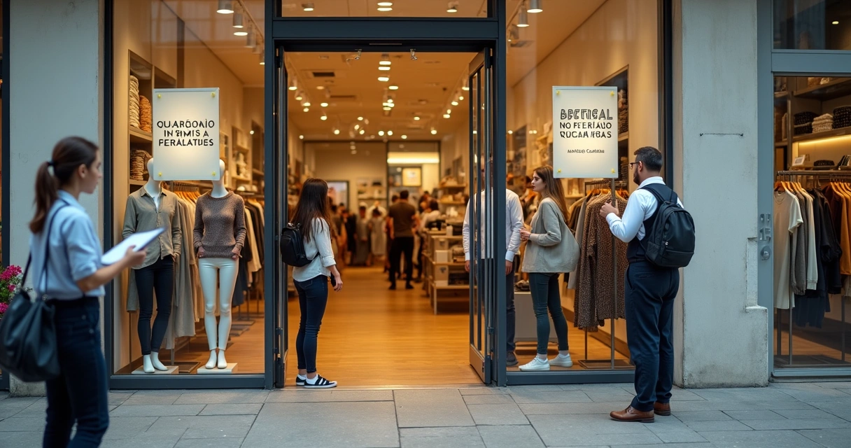 Atendente de loja de roupas trabalhando em feriado com portas abertas 