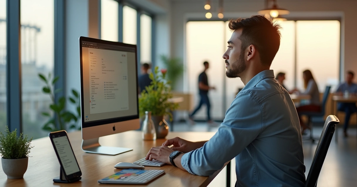 Profissional concentrado em mesa organizada de coworking moderno 