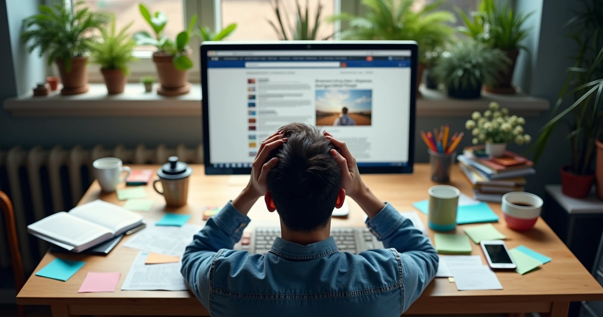 Mesa bagunçada com papéis confusos de projeto digital