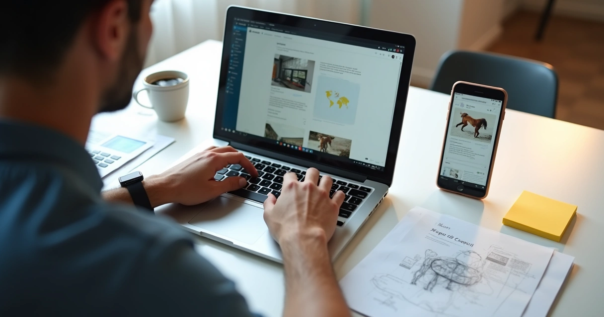 Pessoa trabalhando em notebook organizando portfólio digital 