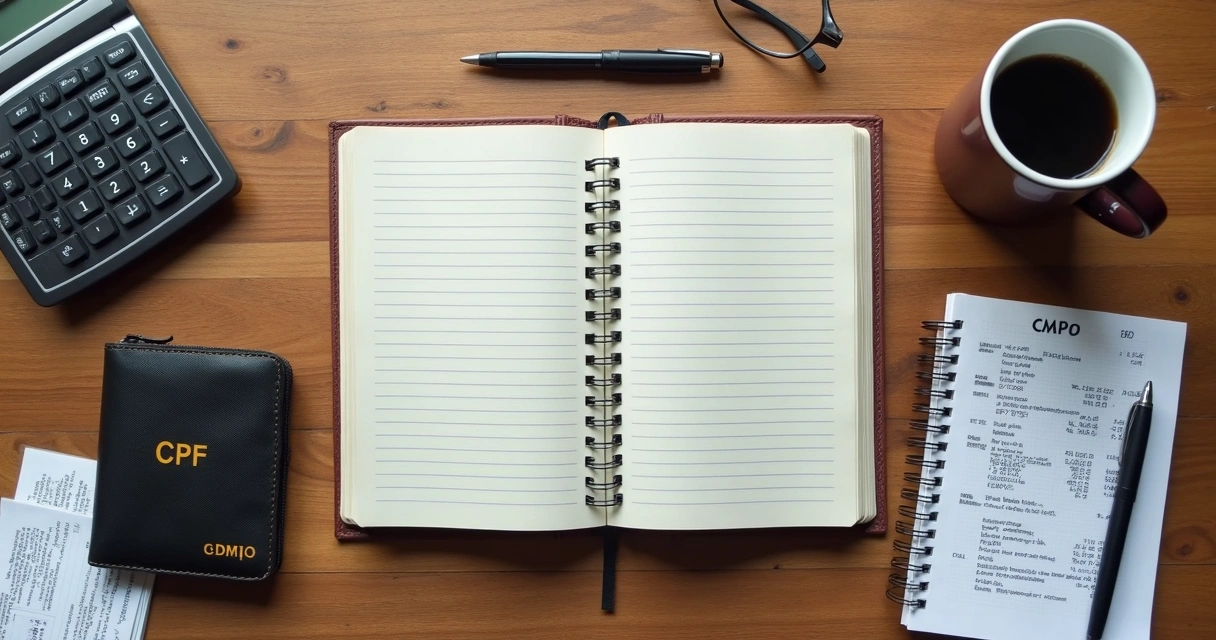 Mesa de trabalho com notebook, calculadora e duas carteiras separadas 