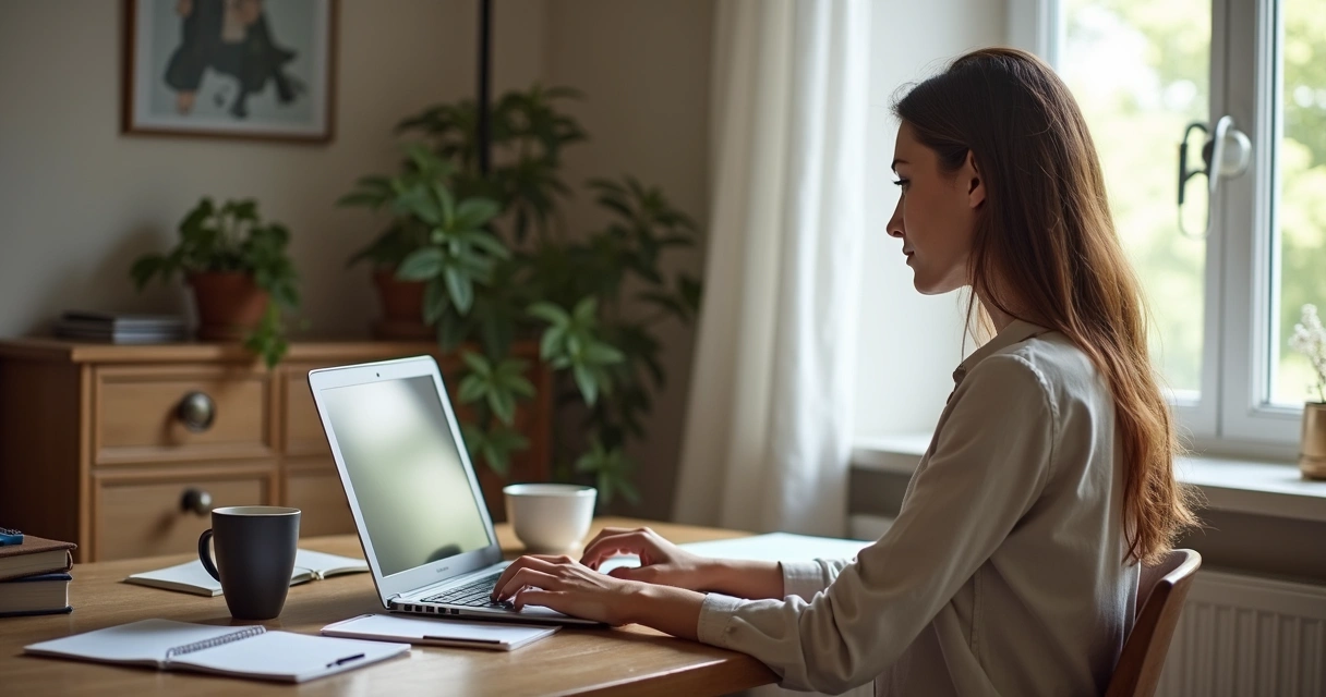 Mulher usando notebook em casa com anotações ao redor 