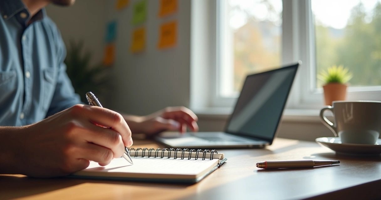 Profissional trabalhando em casa com notebook e agenda ao lado