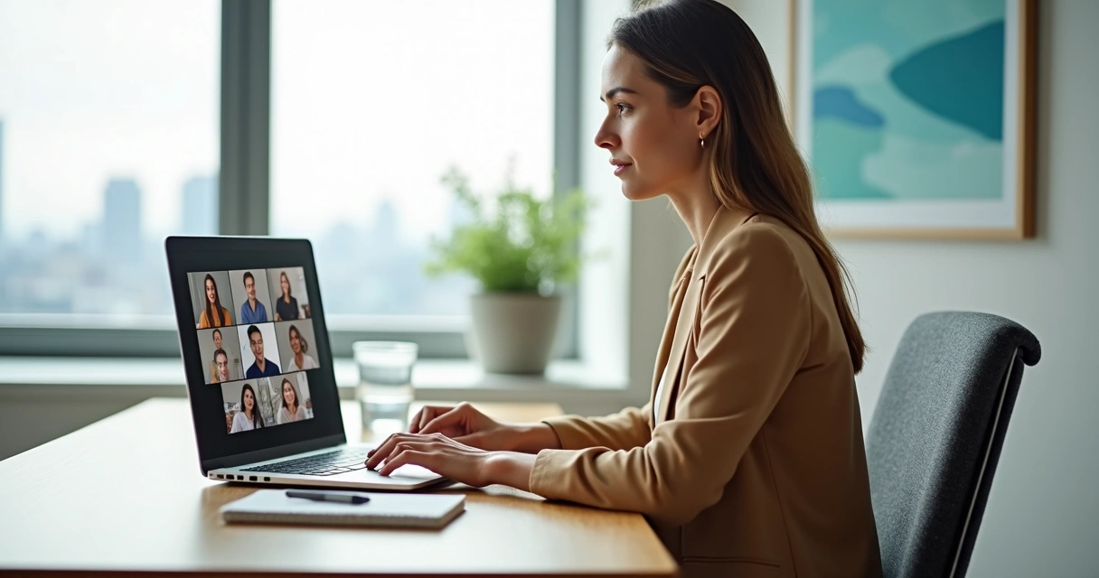 Profissional em reunião híbrida mantendo postura calma e atenta diante do notebook 