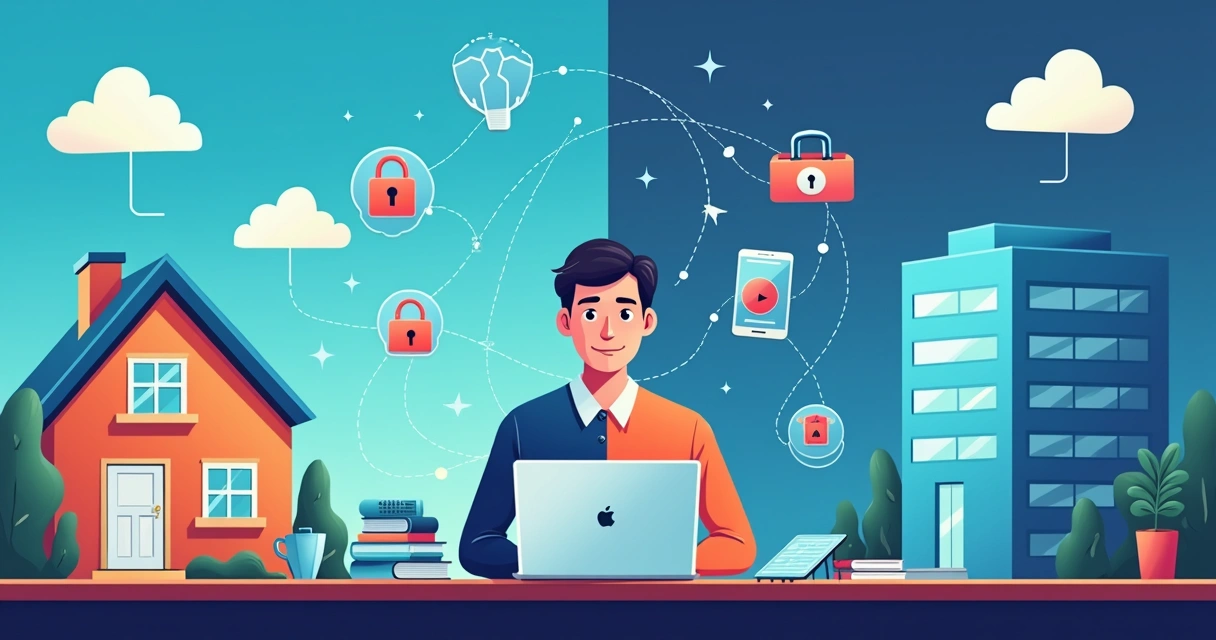 Profissional trabalhando remotamente em notebook conectado a recursos da empresa