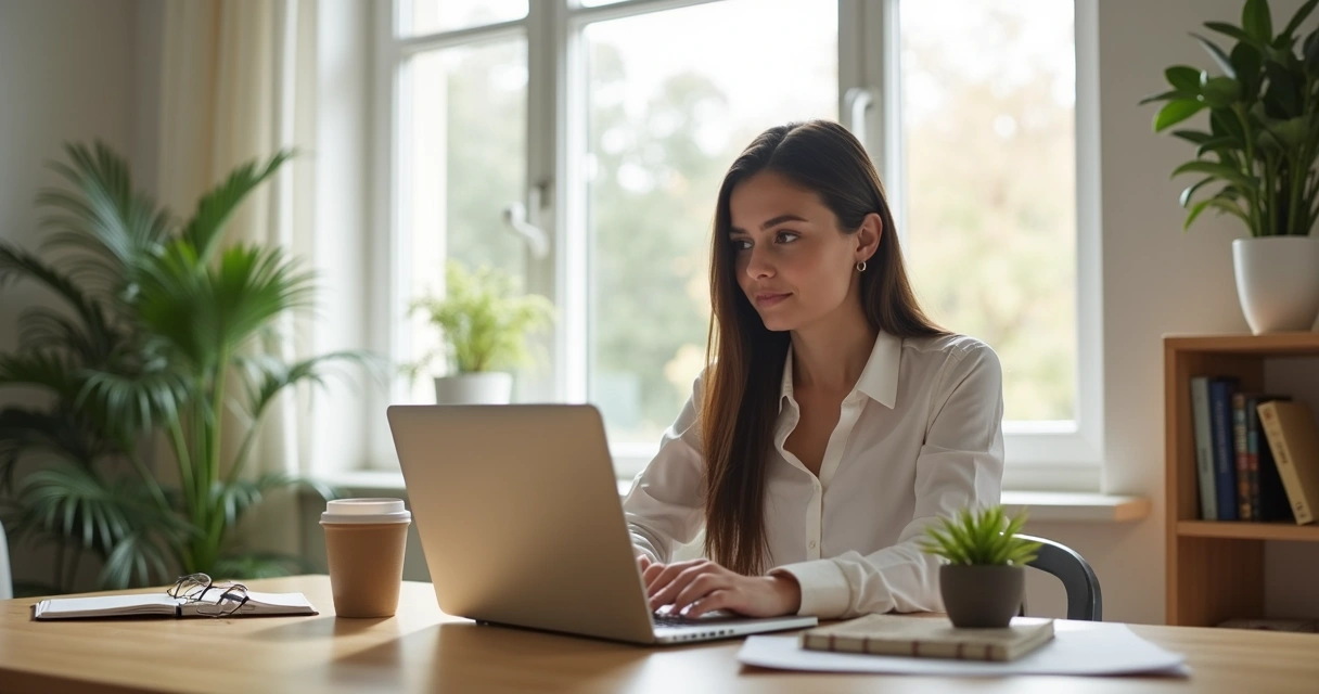 Pessoa usando notebook em casa, com xícara ao lado 