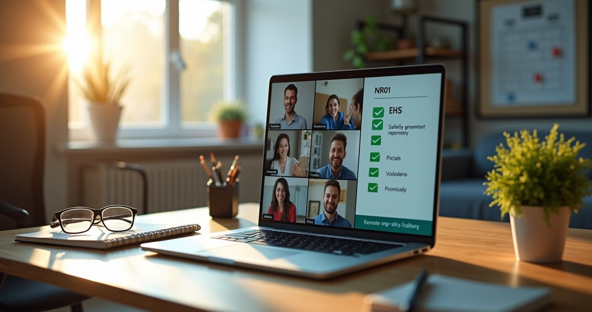 Gestora avaliando checklist de segurança em home office com colaborador em chamada de vídeo 