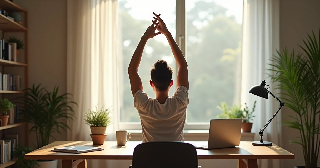 Pessoa trabalhando em home office, fazendo pausa olhando pela janela 