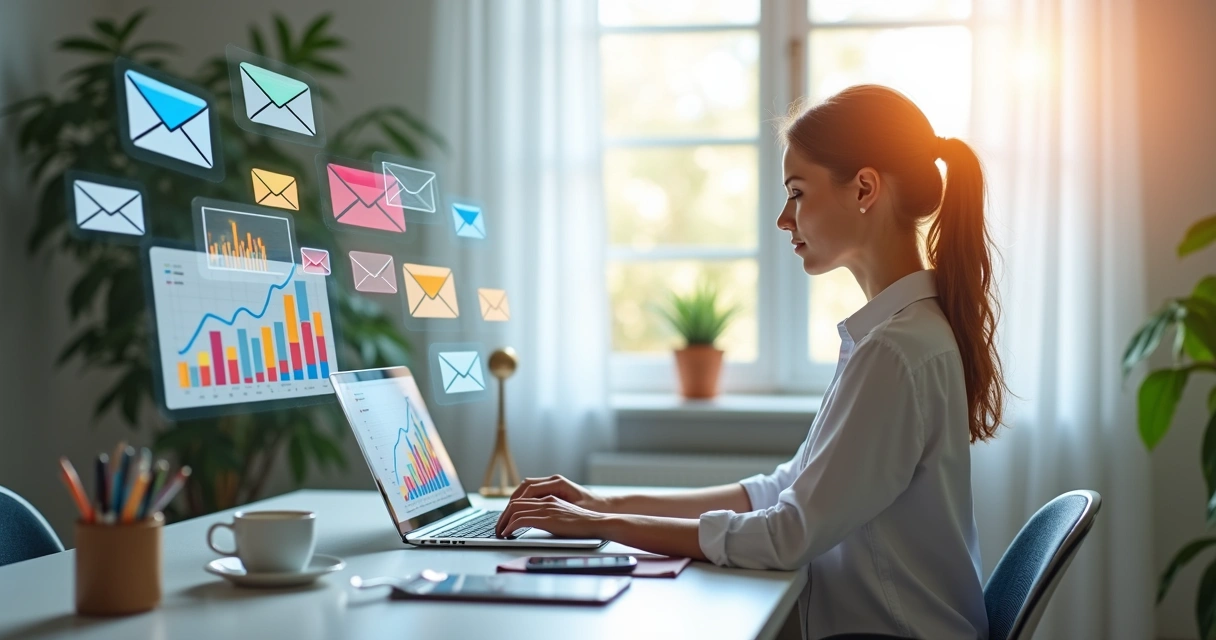 Mulher trabalhando em home office usando computador com gráficos de vendas e comunicação por e-mail na tela 