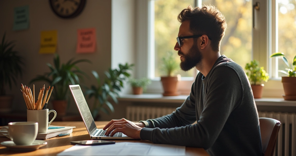 Pessoa adulta trabalhando no notebook em casa com anotações e xícara de café