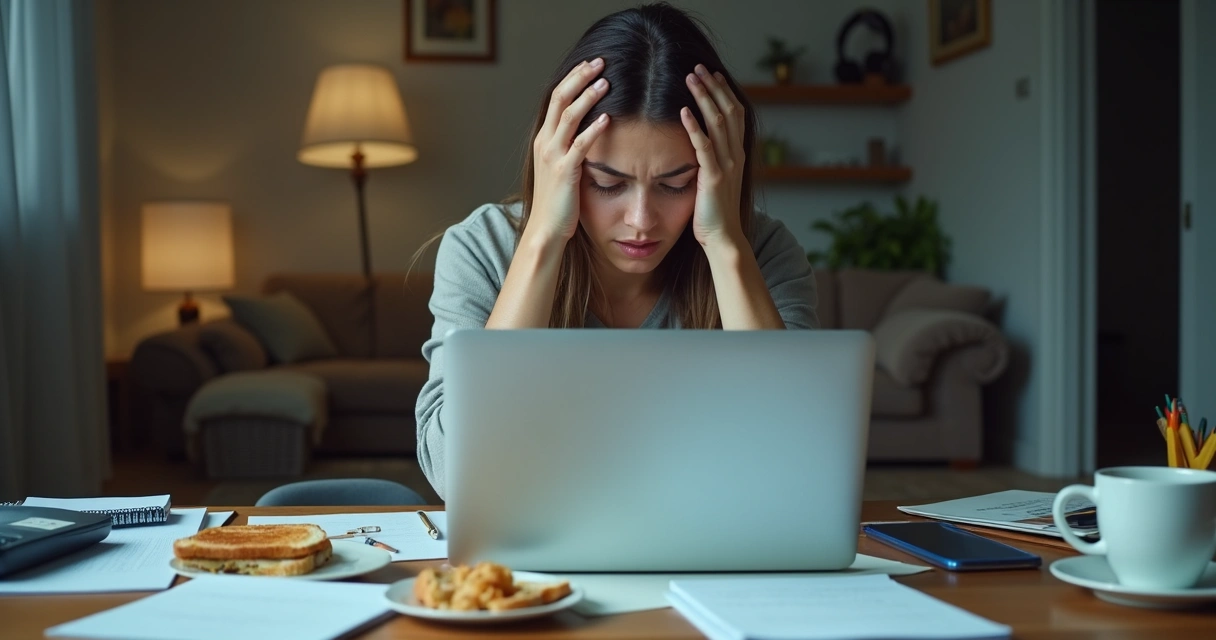 Pessoa em home office mostrando sinais de cansaço, rodeada de aparelhos eletrônicos 