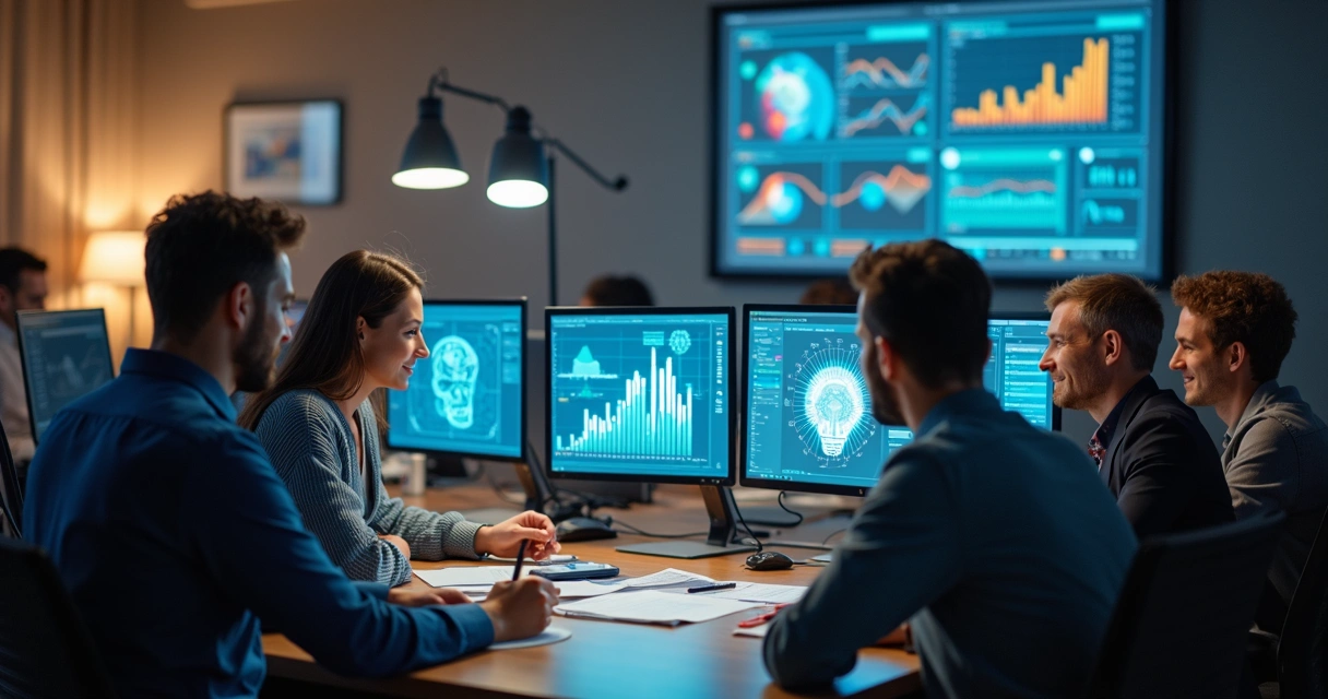 Profissionais de diferentes áreas colaborando lado a lado com computadores e gráficos 