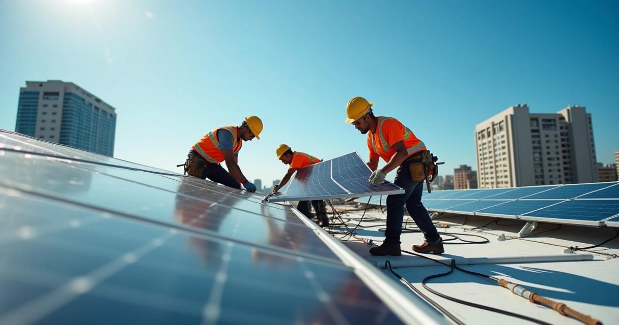 Instaladores de painel solar trabalhando em telhado de comércio