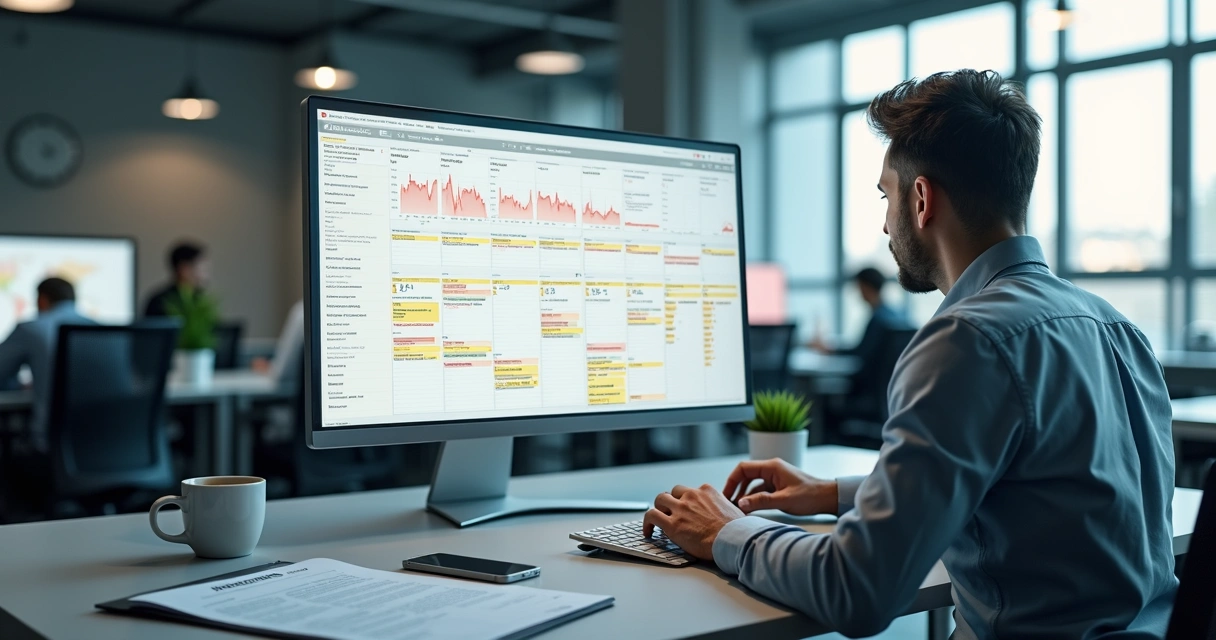 Trabalhador intermitente olhando calendário instável em ambiente corporativo 