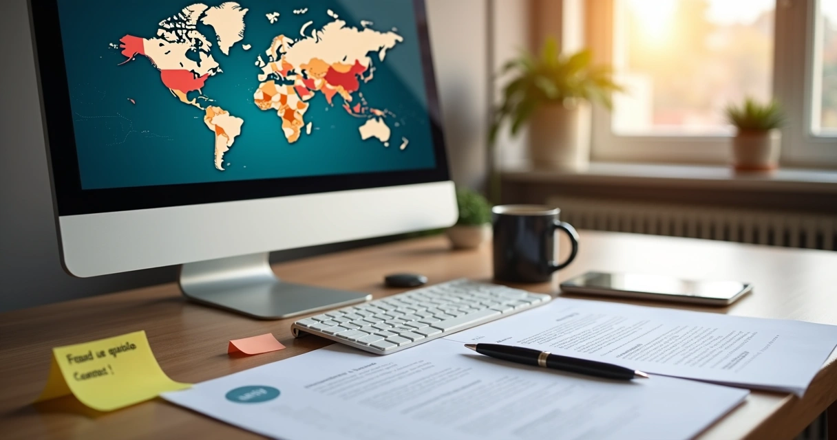 Mesa de trabalho organizada com computador mostrando mapa-múndi e documentos ao lado. 