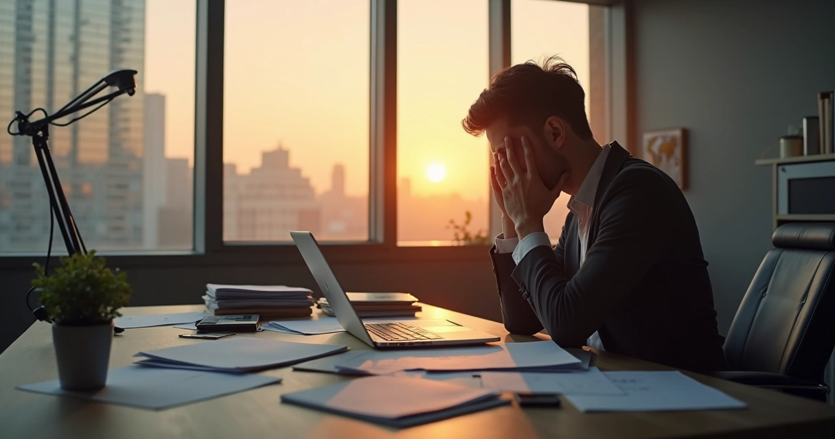 Pessoa olhando para papéis desorganizados, com expressão pensativa 