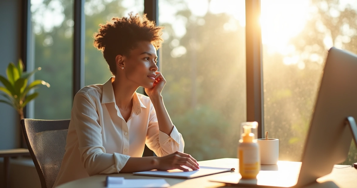 Pessoa com vitiligo trabalhando próxima à janela ensolarada com filtro solar na mesa 