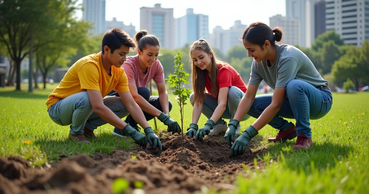 Jovens trabalhando em projeto ambiental ao ar livre