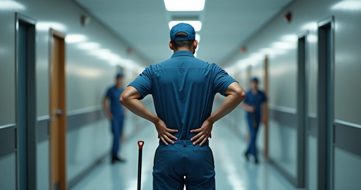 Auxiliar de limpeza sente dor lombar enquanto trabalha 