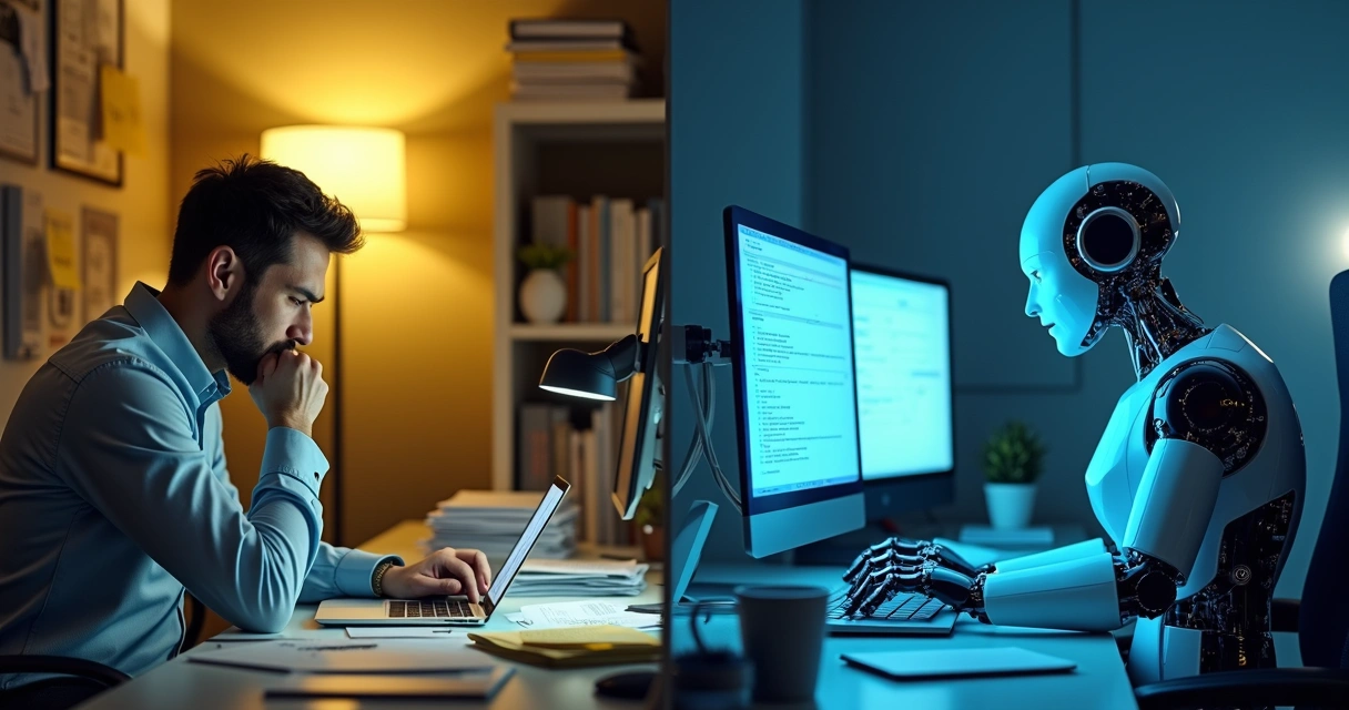 Conferência manual de notas fiscais ao lado de processo automatizado com robô digital 
