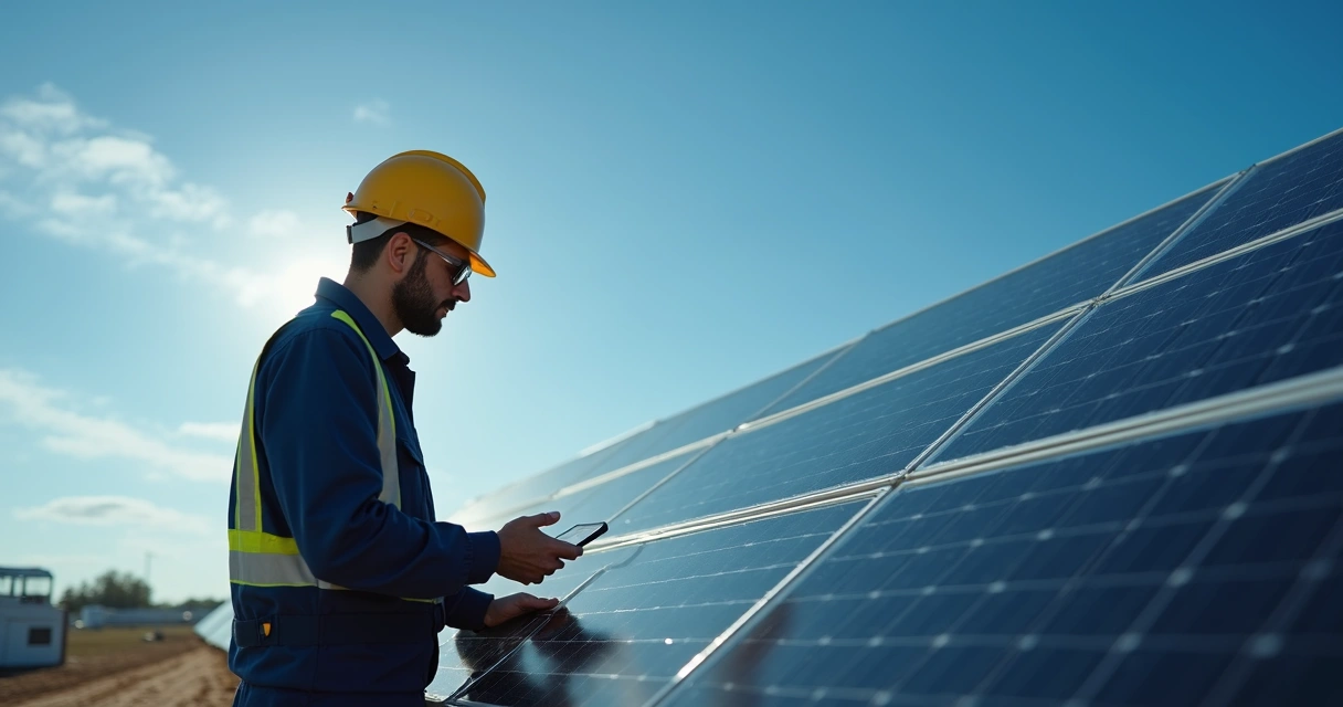 Técnico faz manutenção em usina solar com painéis ao fundo 