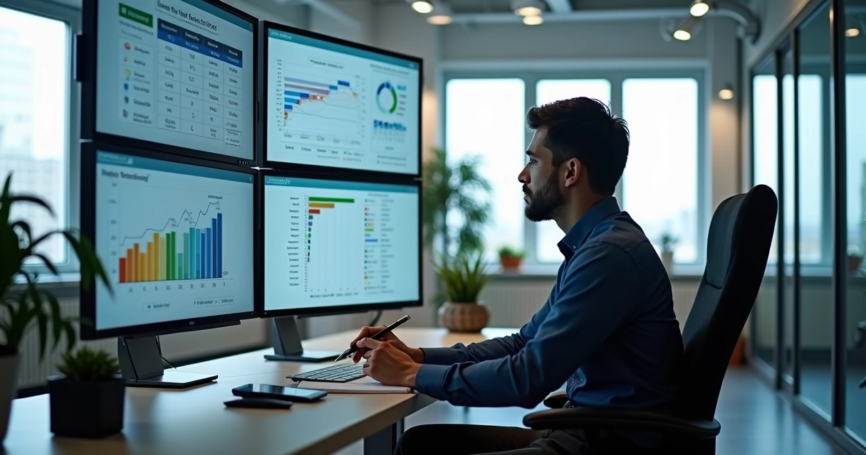 Profissional analisando gráficos e dados de riscos psicossociais em ambiente corporativo amplo e moderno 