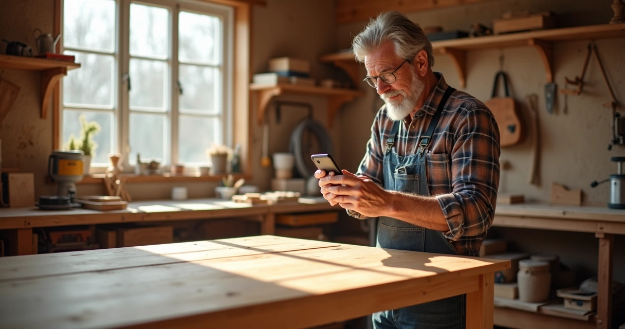 Marceneiro tirando foto de móvel pronto com smartphone 