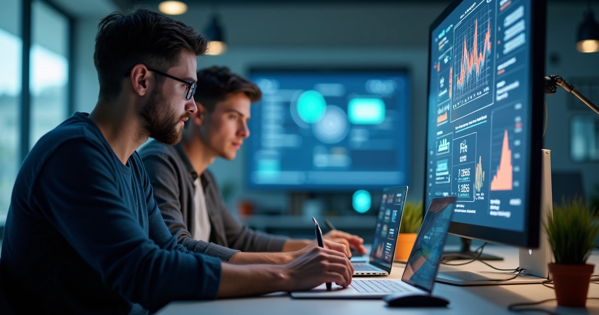 Pessoas criando textos em laptops ao lado de tela com gráficos e ícones de IA 