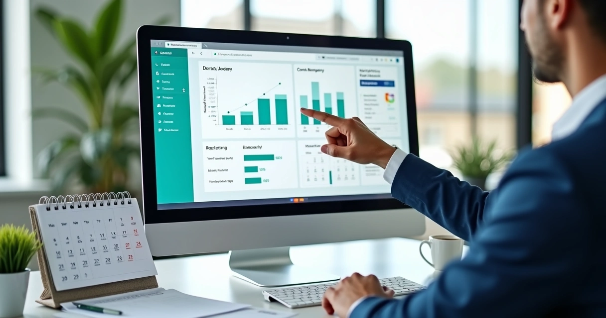 Profissional de marketing odontológico trabalhando em campanhas digitais no computador com gráficos 