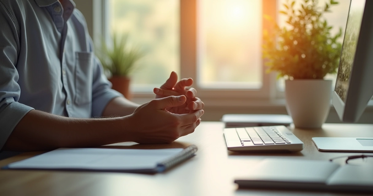 Pessoa trabalha em mesa de escritório praticando atenção plena 