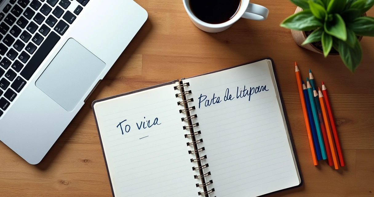 Mesa organizada com materiais de escritório, notebook e uma lista de tarefas ao lado de uma planta 