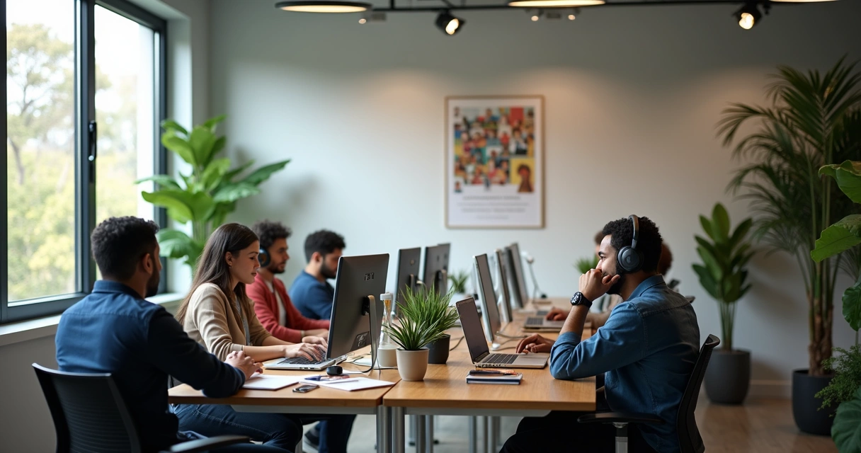 Ambiente de trabalho brasileiro com adaptações como fones e espaços reservados 