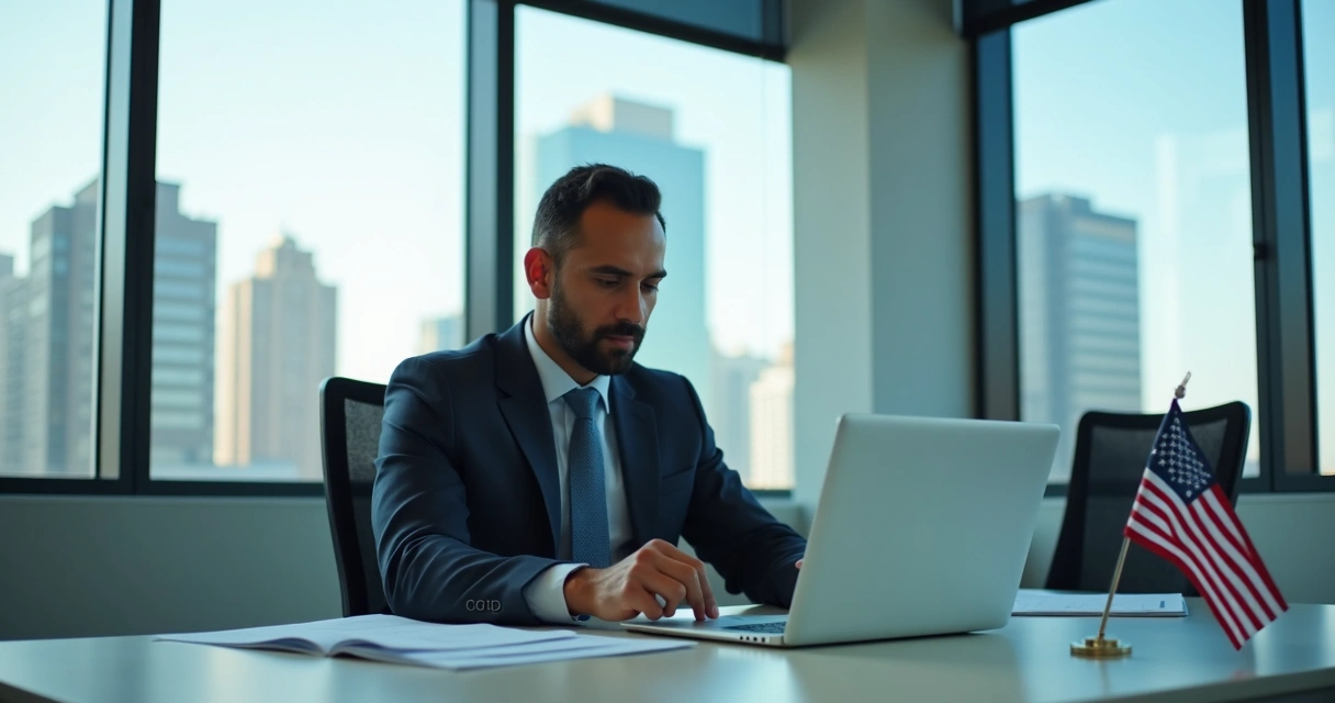 Brasileiro trabalhando no escritório nos EUA, com paisagem urbana ao fundo 