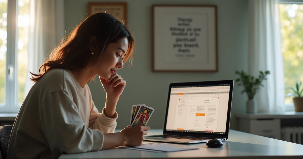 Pessoa segurando cartas de tarot olhando para laptop com anotações