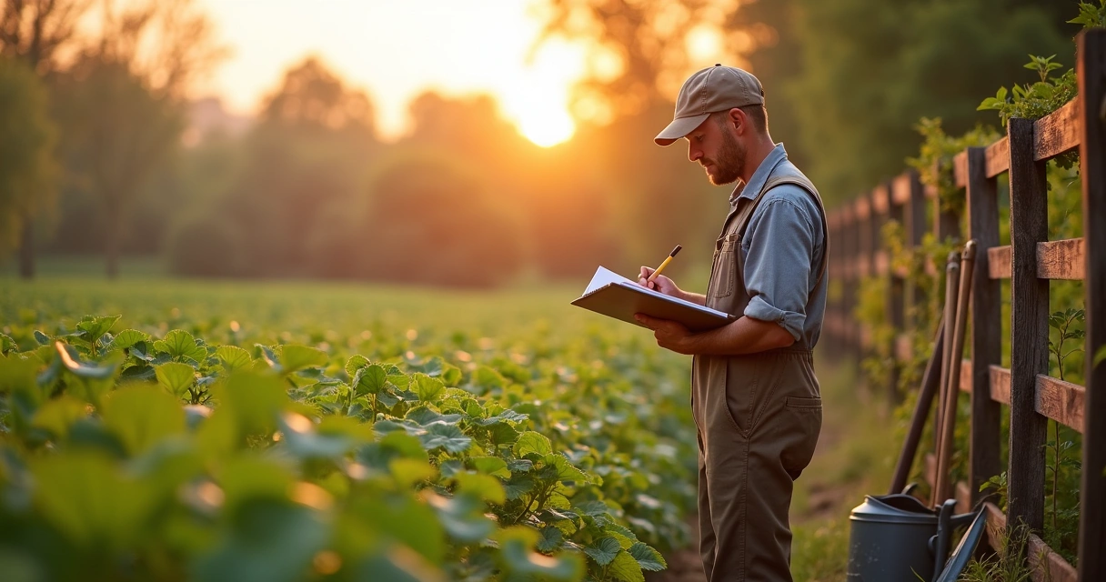 Homem observando plantação com ferramentas de trabalho ao lado 