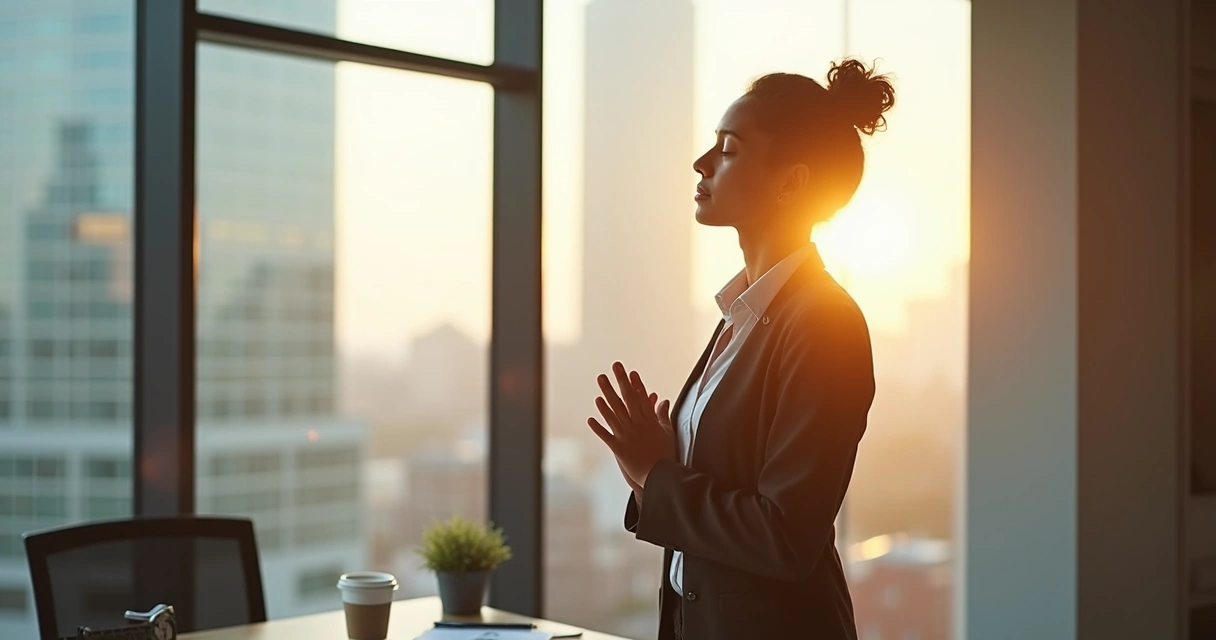 Profissional sozinho fazendo pausa consciente no escritório 