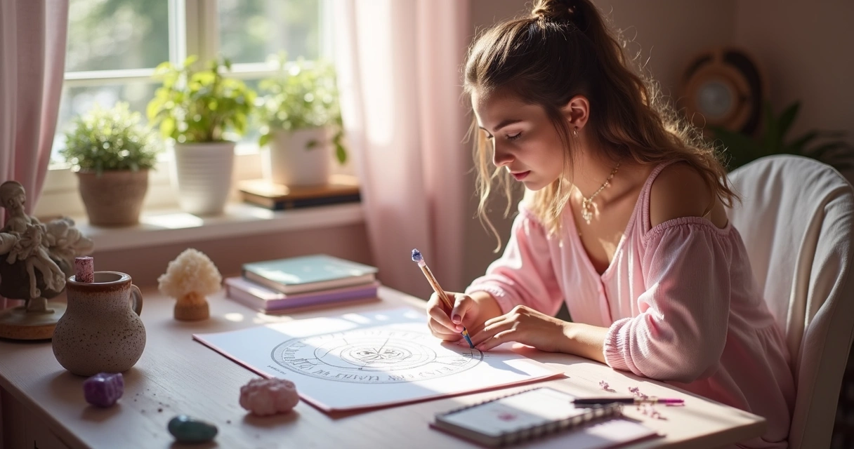 Mulher estudando mapa astrológico em mesa colorida