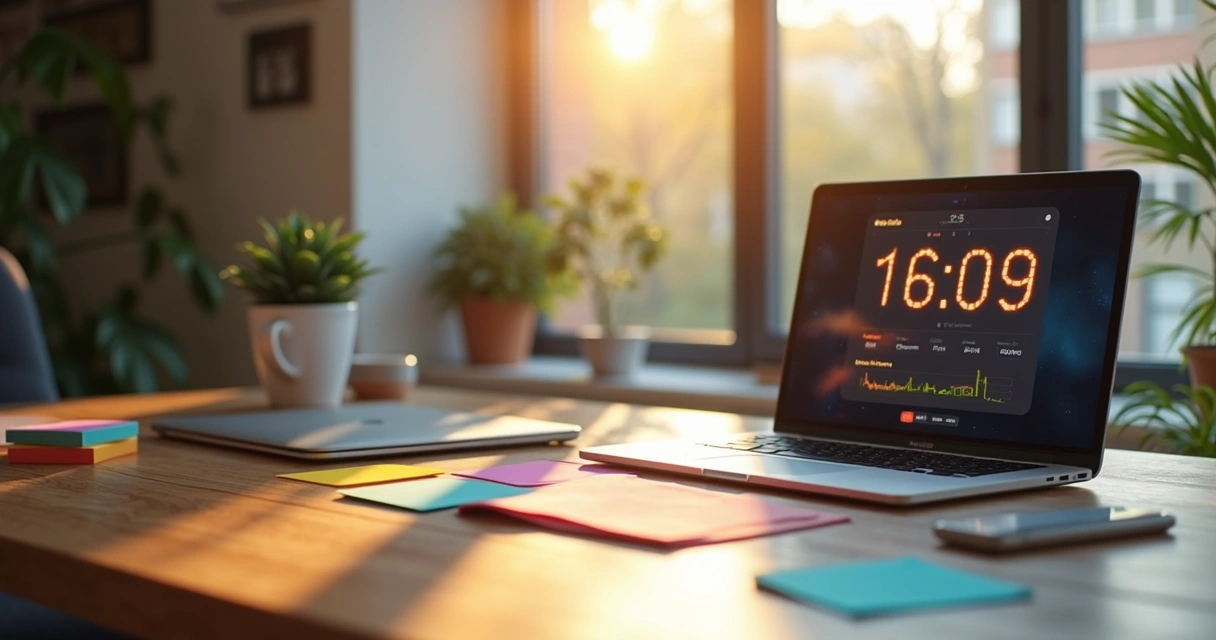 Mesa de trabalho com timer visual ao lado de computador 