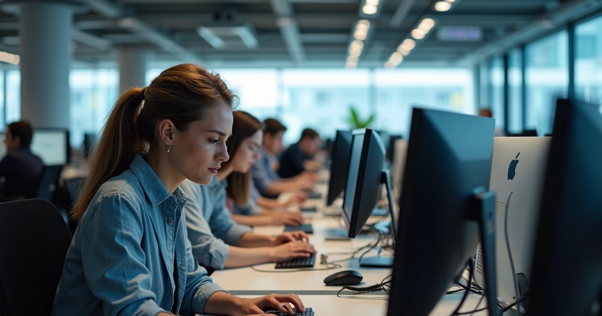 Profissionais em escritório moderno digitando rapidamente, sem interagir uns com os outros. 