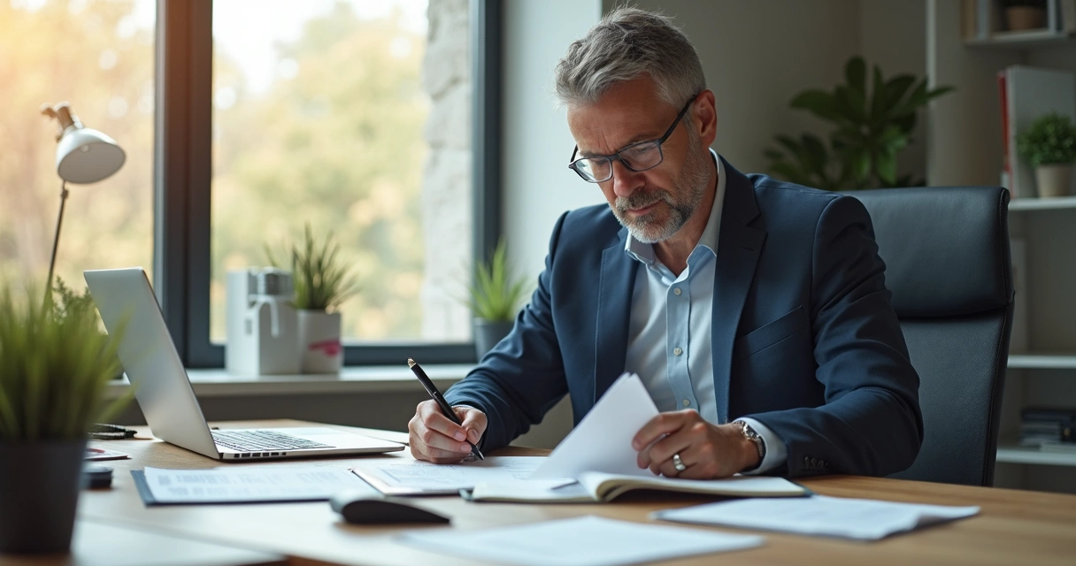 Empresário focado trabalhando em ambiente organizado e silencioso 