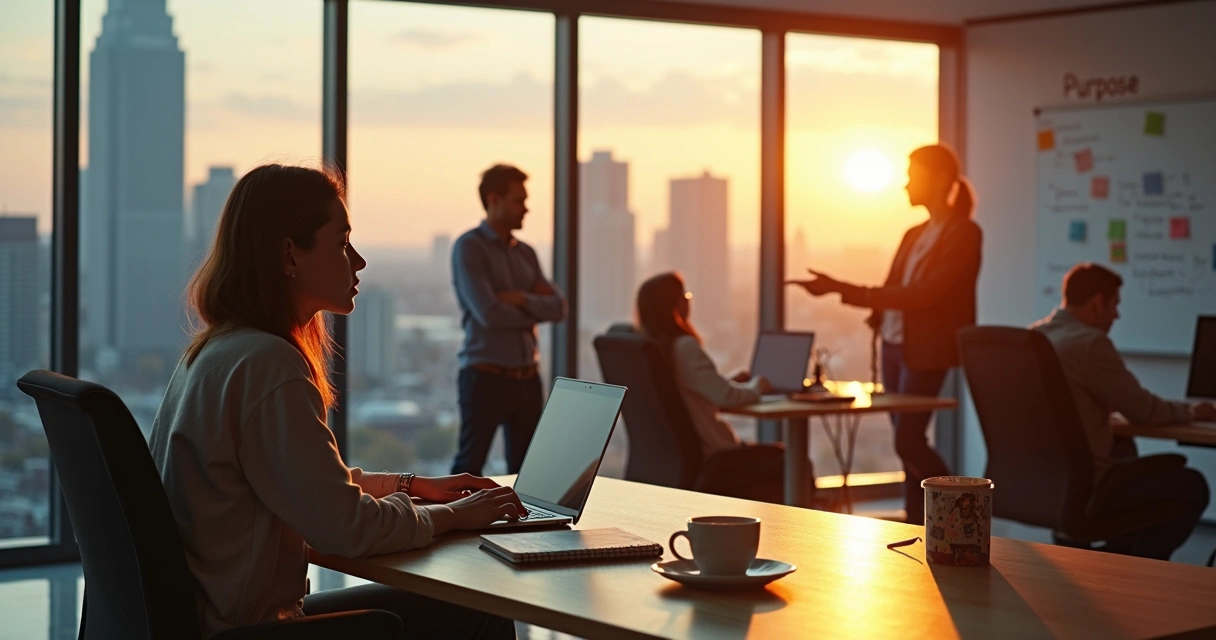 Profissionais em um escritório moderno refletindo sobre propósito no trabalho 